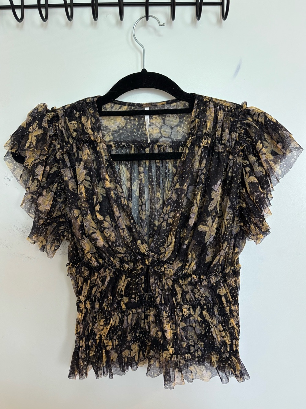 Free People Black and Yellow Floral Smocked Ruffle Crop Top - Making Me Smile